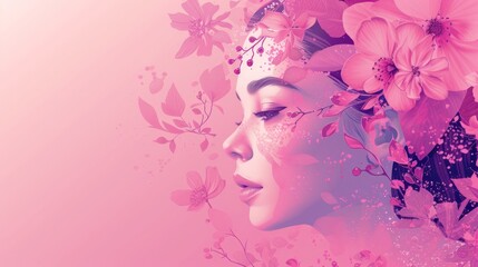 a woman's face with pink flowers on her head and a pink background with pink flowers on her head.