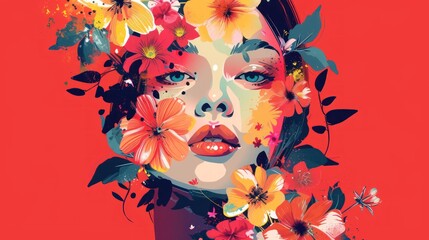 a painting of a woman's face with flowers in her hair and on her face is a red background.