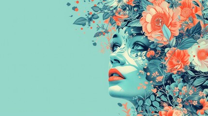 a painting of a woman's face with flowers growing out of her face and a blue background behind her.