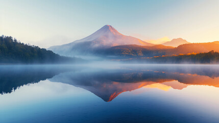 Volcanic mountain in morning light reflected.
