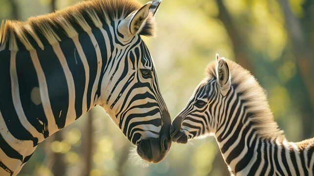 Mother zebra with foal in a tender moment, wildlife captured in natural habitat. stripes and affection in nature. perfect for educational content. AI