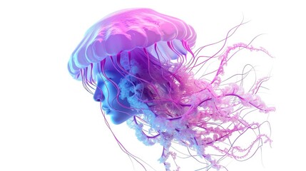 a close up of a jellyfish on a white background with a blue and pink jellyfish in the foreground.