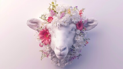 a sheep's head with flowers on it's head and a pink flower crown on it's head.
