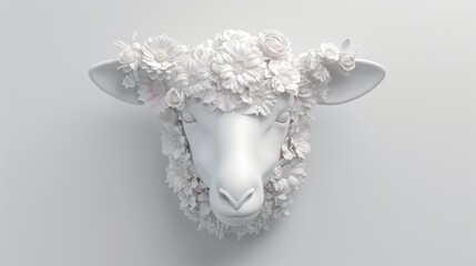 a close up of a sheep's head with flowers on it's head, on a gray background. - obrazy, fototapety, plakaty