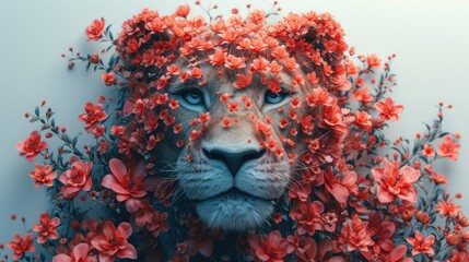 a close up of a lion with flowers on it's face and behind it is a picture of a lion's face.