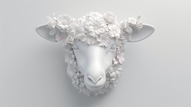 a close up of a sheep's head with flowers on it's head, on a gray background.