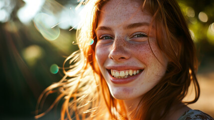 Close-up portrait of a cheerful young woman with sun-kissed curly hair and a bright smile