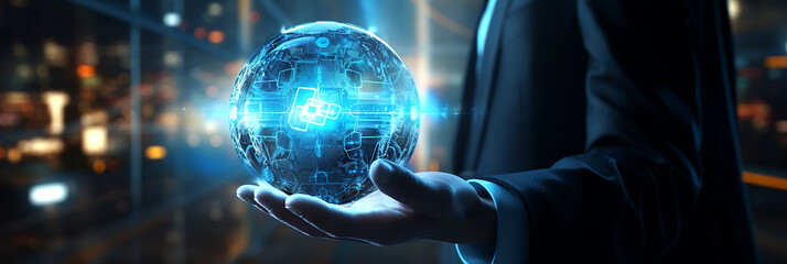 the cyber security business executive holding a blue sphere on his hand