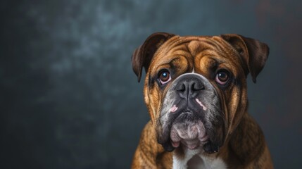 A humorous portrait of a purebred English Bulldog provides ample copy space for text, creating a charming and versatile image.
