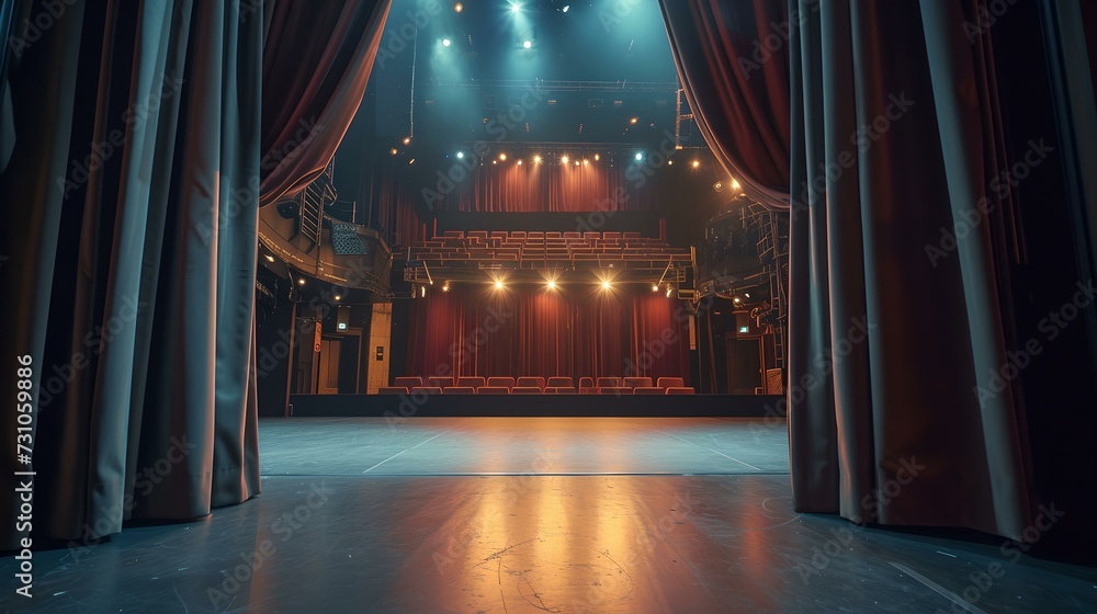 Poster empty theater stage with red curtains and dramatic lighting view from the wings. vision of performan