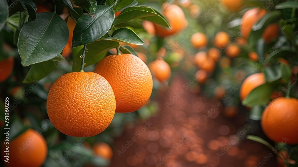 Poster a group of oranges hanging from a tree in an orange grove with a dirt path in the foreground.