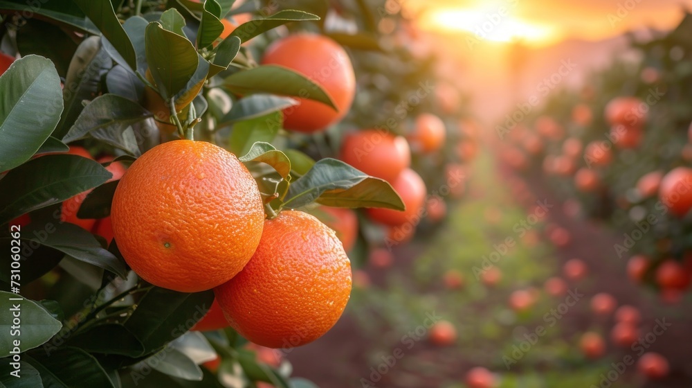 Aufkleber a group of oranges hanging from a tree in a field of oranges with the sun setting in the background.