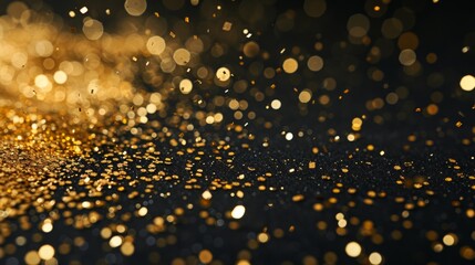 Fototapeta na wymiar Golden confetti sparkles against a black isolated background, embodying the festive spirit of Christmas and New Year celebrations in a trendy and glamorous golden hue.