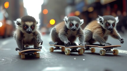 a group of small animals sitting on top of skateboards on top of a street with traffic lights in the background.