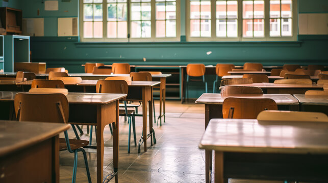 Vintage school classroom, style of the 60s of the 20th century. Wooden tables and chairs in an empty classroom.