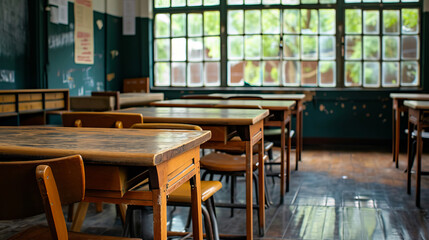 Vintage school classroom, style of the 60s of the 20th century. Wooden tables and chairs in an empty classroom.