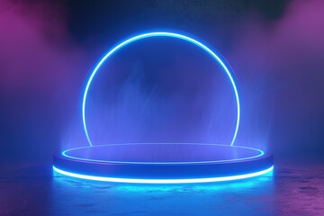 Podium Glowing blue neon ring 