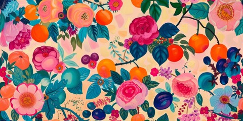  Vibrant hand-painted floral and fruit seamless pattern with colorful blooms and ripe oranges, plums, and peaches on a bright background. Botanical wallpaper.