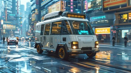 Iconic depiction of online delivery technology, featuring a high-tech delivery van equipped with state-of-the-art navigation systems navigating through a bustling city