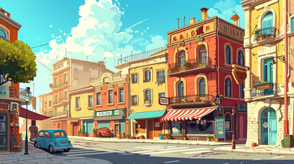 Colorful old fashioned downtown. Cartoon style illustration.