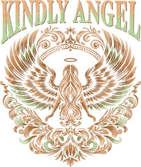 Gradient colored Angel illustration with  ornaments and wings.