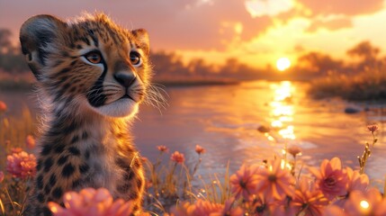 a baby cheetah sitting in a field of flowers next to a body of water with the sun setting in the background.
