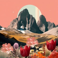 digital art with mountains and flowers. landscape with flowers and mountains, vintage groovy style, generative ai