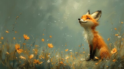 a painting of a red fox sitting in a field of wildflowers looking up at something in the sky.