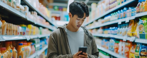 A handsome Asian male walks down the supermarket aisle, browsing shelves and searching for groceries from his mobile phone list, held in his hand.