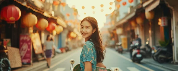 Poster A joyful young Asian Chinese woman crosses the road while carrying a skateboard in an old town, radiating a sense of happiness and urban vibrancy. © vadymstock