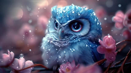 Fototapete Rund a painting of a blue owl sitting on a branch of a tree with pink flowers and drops of water on it. © Nadia