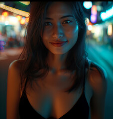 Fototapeta premium attractive woman at nightlife in a narrow side street, local woman local, attractive, Asian or Indonesian or South American, single life, fictional location