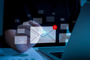 Inbox. people hand send mail message on laptop computer, contact us, new message, cyber security,...