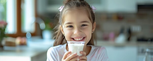A happy smiling girl enjoys yogurt for breakfast, radiating contentment and satisfaction with her morning meal.