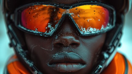 a close up of a person wearing ski goggles and a snowboarder's helmet and goggles.