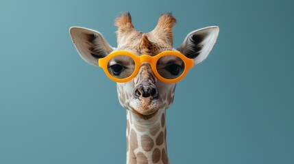 a close up of a giraffe wearing a pair of yellow goggles with a blue sky in the background.