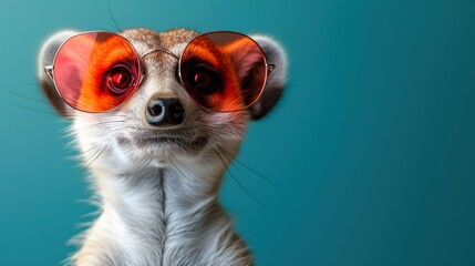 a close up of a dog wearing sunglasses with a red light reflecting off of it's reflection in it's eyes.