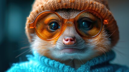 a close up of a small animal wearing a hat and goggles with big round glasses on it's face.
