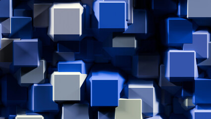 Abstract geometric background with blue and white 3D cubes. Modern abstract pattern with 3D render.