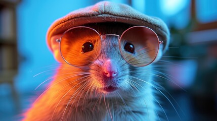 a close up of a rat wearing glasses and a hat with a hat on top of it's head.
