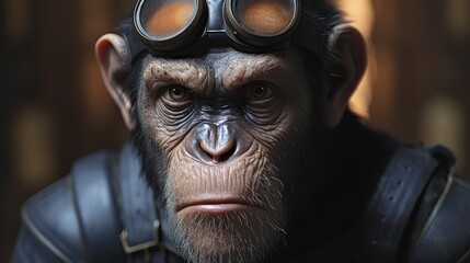 a close up of a monkey wearing a helmet with goggles on it's head and wearing a leather jacket.