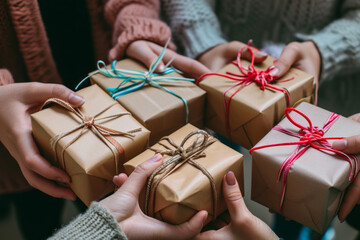 Diverse hands exchanging beautifully wrapped gifts, symbolizing the universal language of generosity and appreciation. Soft focus.