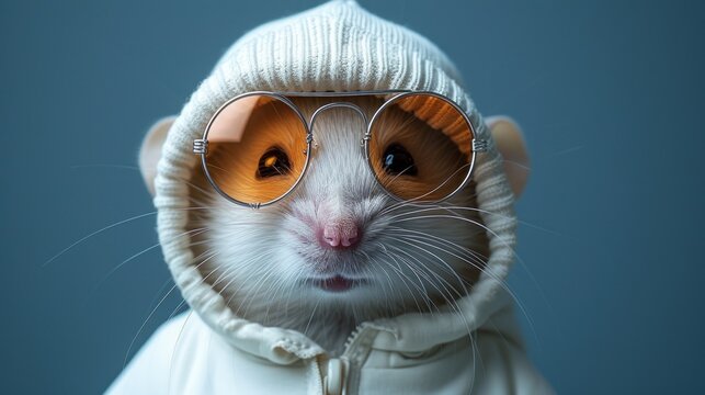 A Rat Wearing Glasses And A Hoodie With A Hoodie On It's Head Is Looking At The Camera.