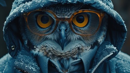 a close up of an owl wearing glasses and a jacket with a hood on it's head and covered in snow.