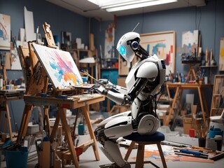 Futuristic AI Artistry: Single Robot in the Artist's Studio