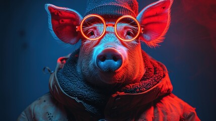 a pig wearing glasses and a hat with a red light on it's face and a scarf around it's neck. - obrazy, fototapety, plakaty