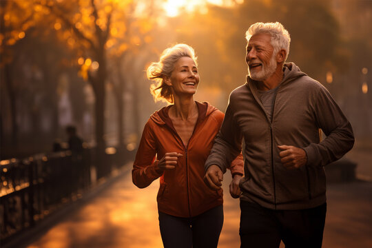Elderly happy couple running in the park, exercising for a healthy life. Active senior aging lifestyle outdoors activities