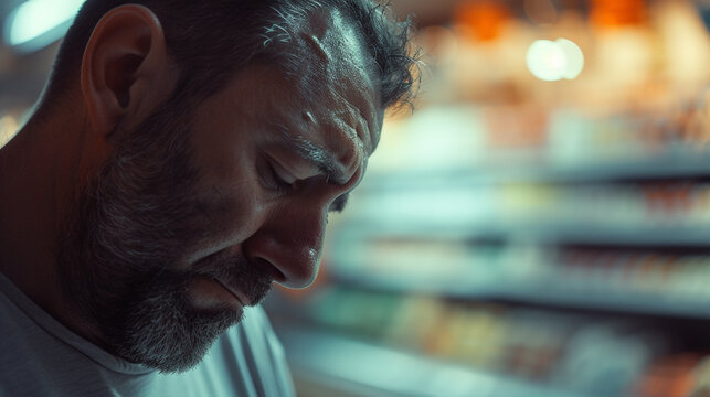 mature adult man is desperate and exhausted, going grocery shopping in the supermarket or discounter, depressed mood because of fictitious reasons such as high prices