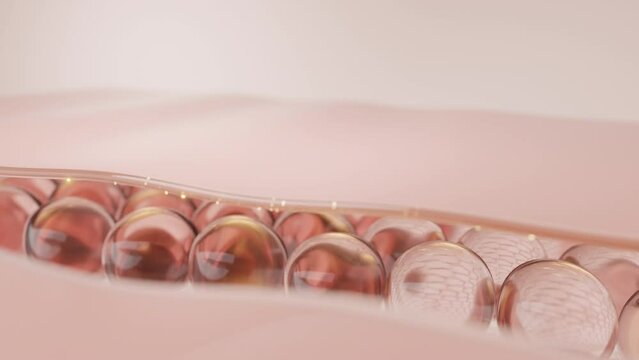 clear drop with collagen molecules penetrates the skin, igniting a burst of light from deep within that lifts and smooths wrinkles for a youthful appearance. 3D rendering.