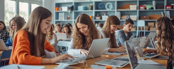 High school students engage in e-learning using computers in the classroom, studying over laptops as part of their class at school.